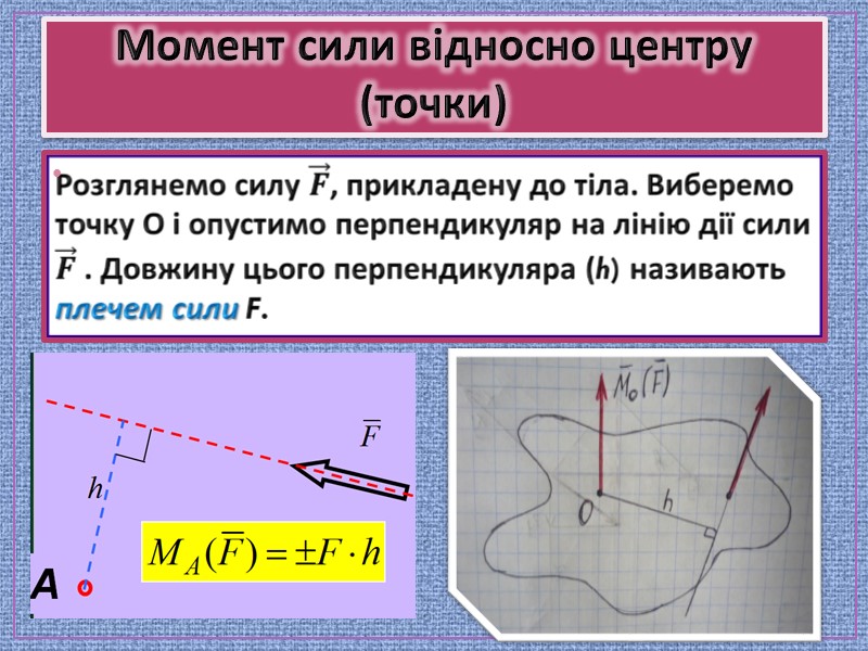 Момент сили відносно центру (точки) Момент сили відносно центру (точки)